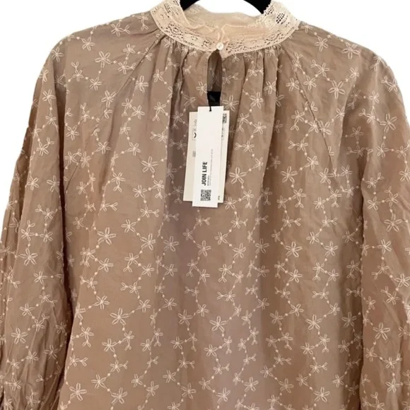 NEW Zara Beige Peasant Blouse with Balloon Sleeve Embroidered High Neck Blouse - Picture 7 of 8